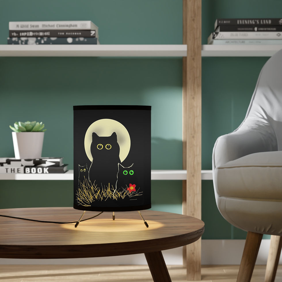 A trio of black cats in the moonlight on a black tripod desk lamp