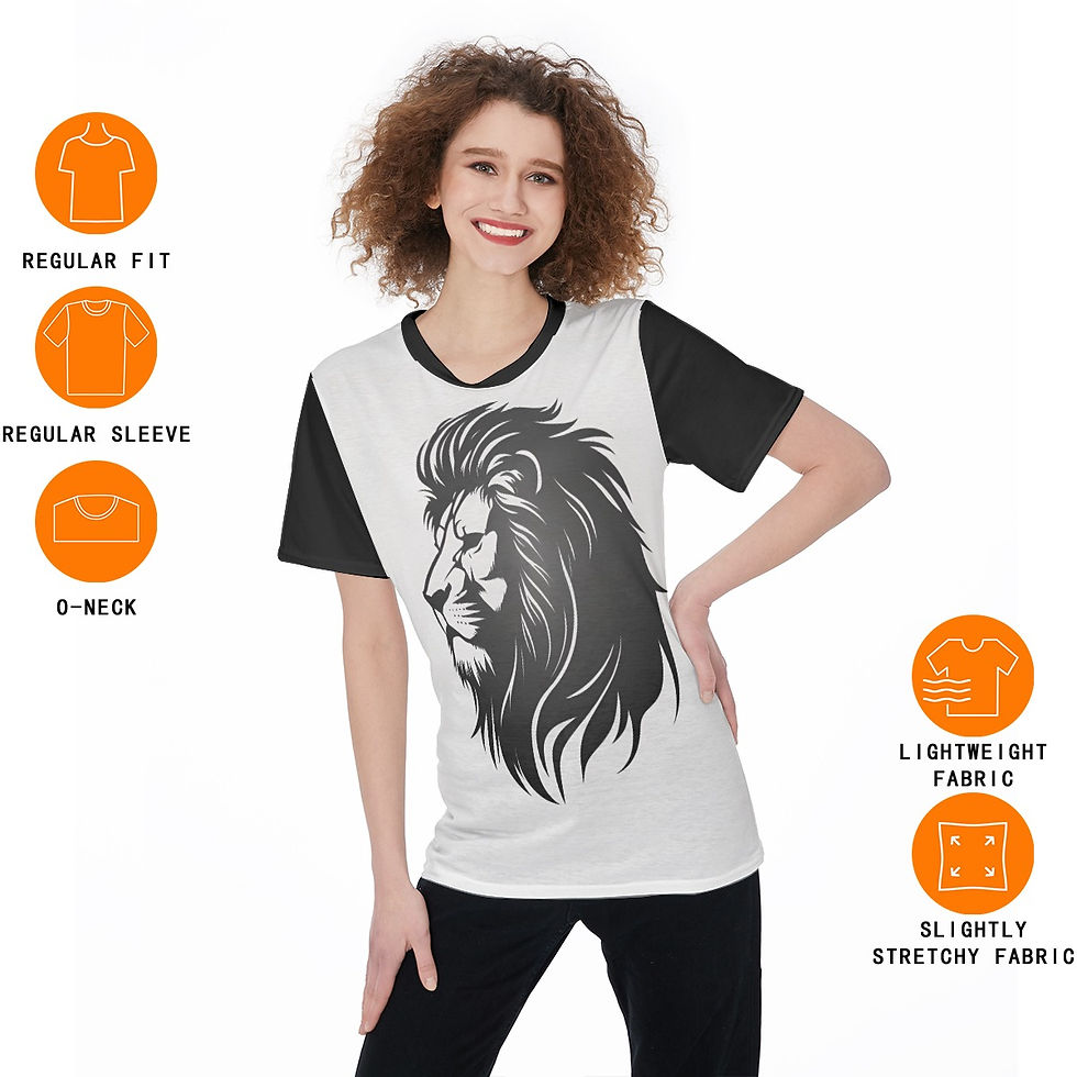 Thumbnail: A crew neck white t-shirt with a black and white sideview print of a lion's head. The sleeves and collar are black.