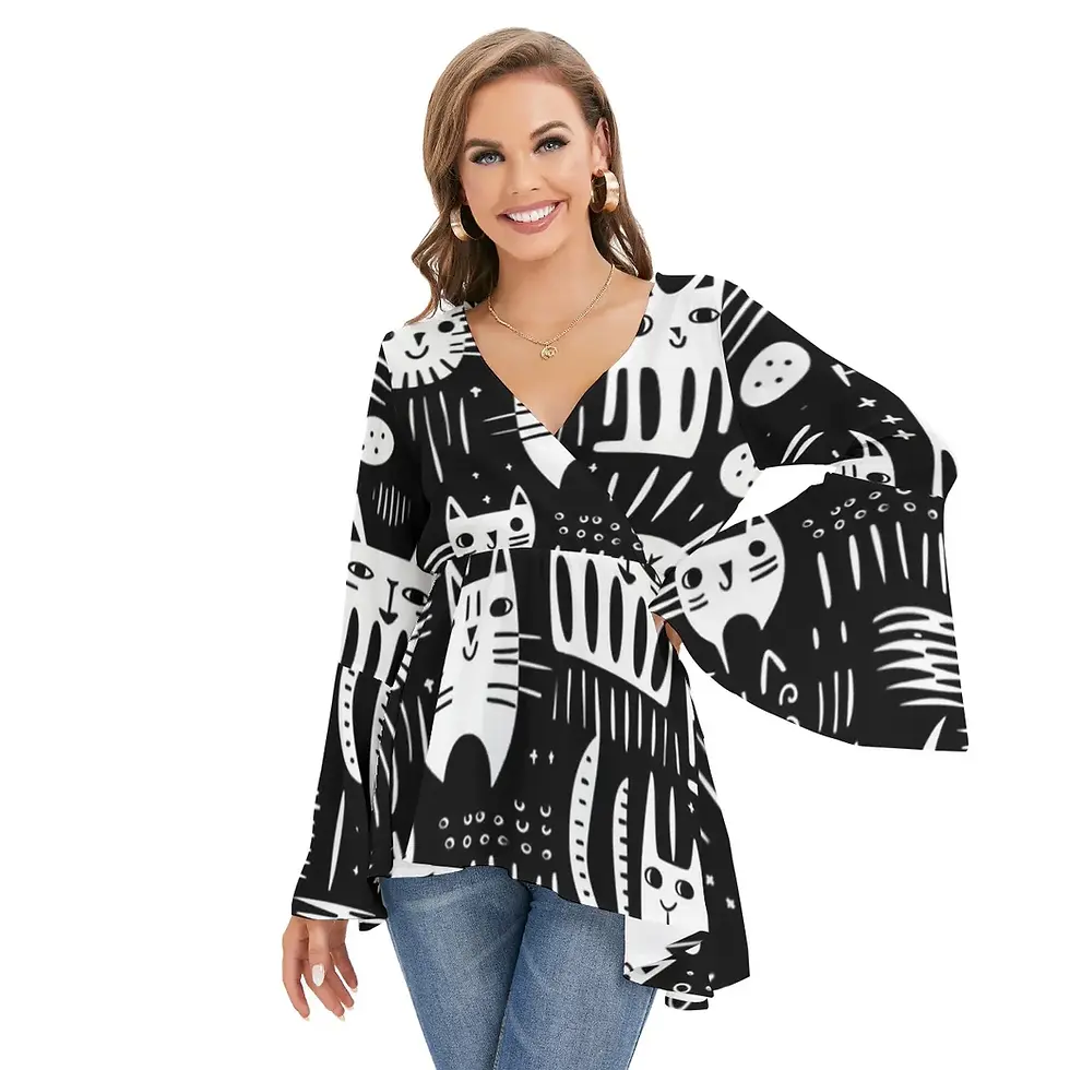 Thumbnail: Women's Catty Print V-neck Blouse with Flared Sleeves