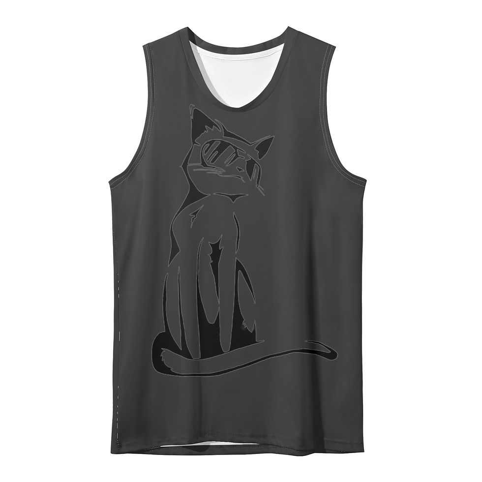 Thumbnail: Men’s Kitty Cool loose fit sleeveless tank top in Charcoal with a minimal black cat graphic