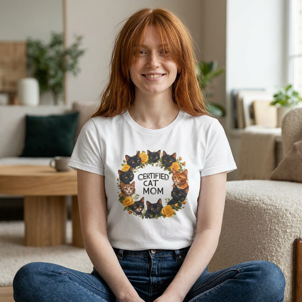 Certified Cat Mom Tee — Floral Cat Wreath Women's Cotton T-Shirt