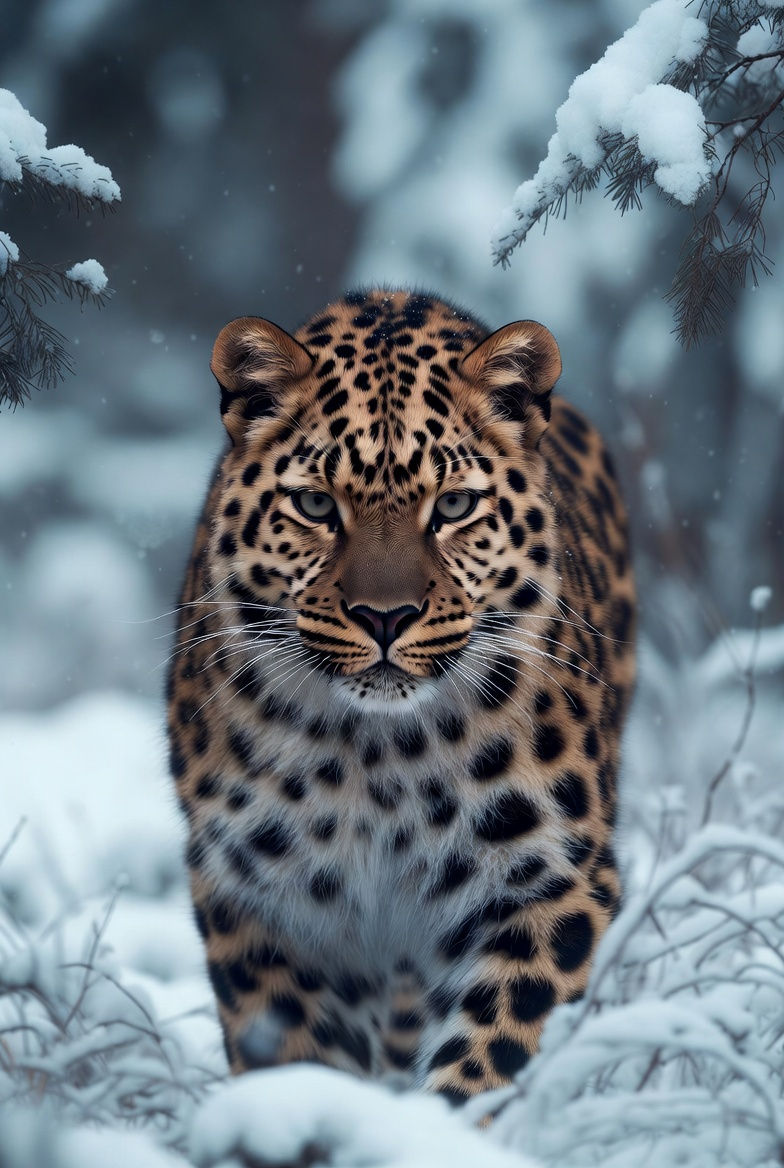 Azur Leopard walking through snowy forest in winter