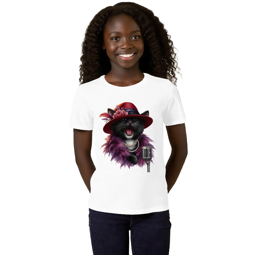 Miss Cattytude motif on a white t-shirt worn by an African-American girl