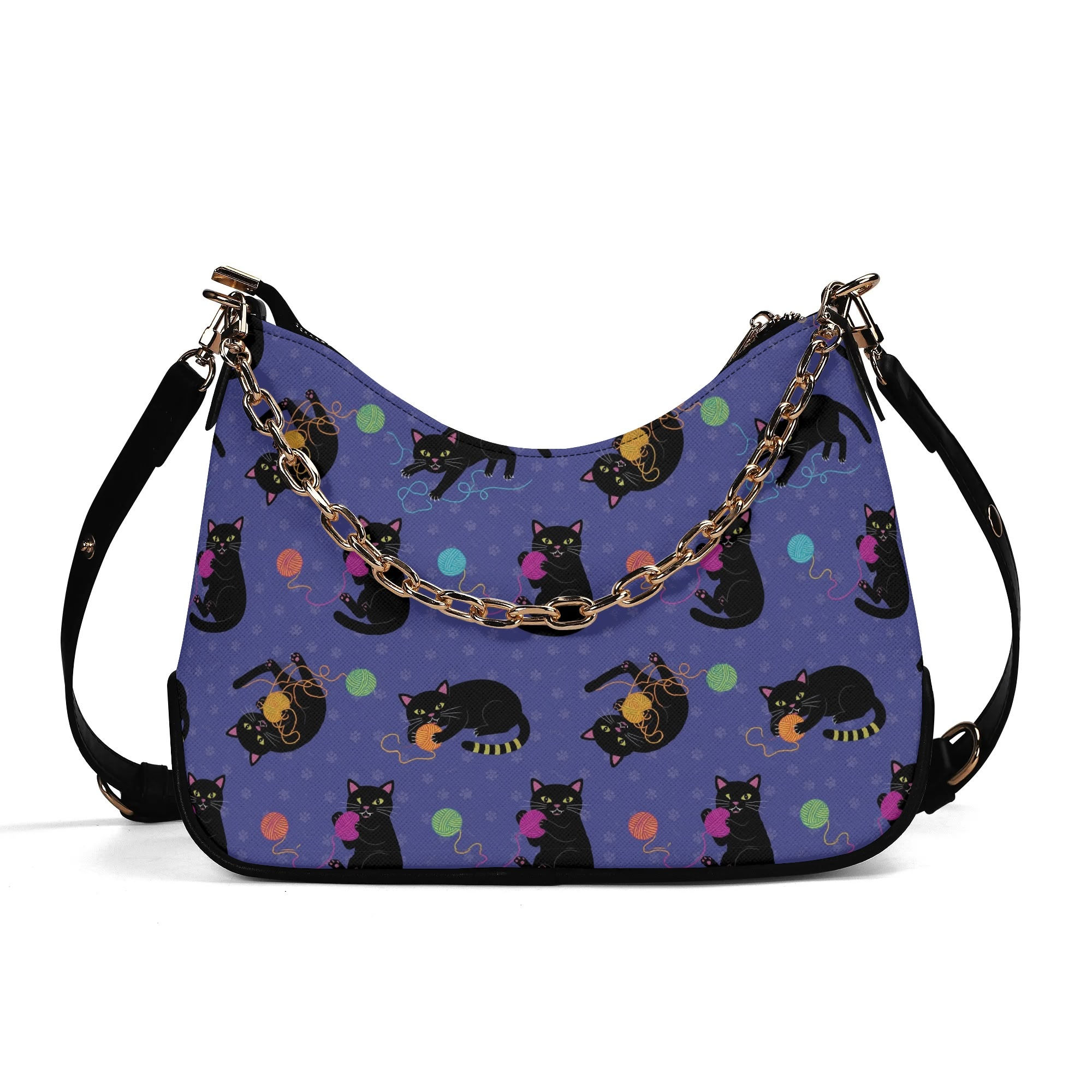 Cats with Yarn Twill Faux Leather Chain Shoulder Bag