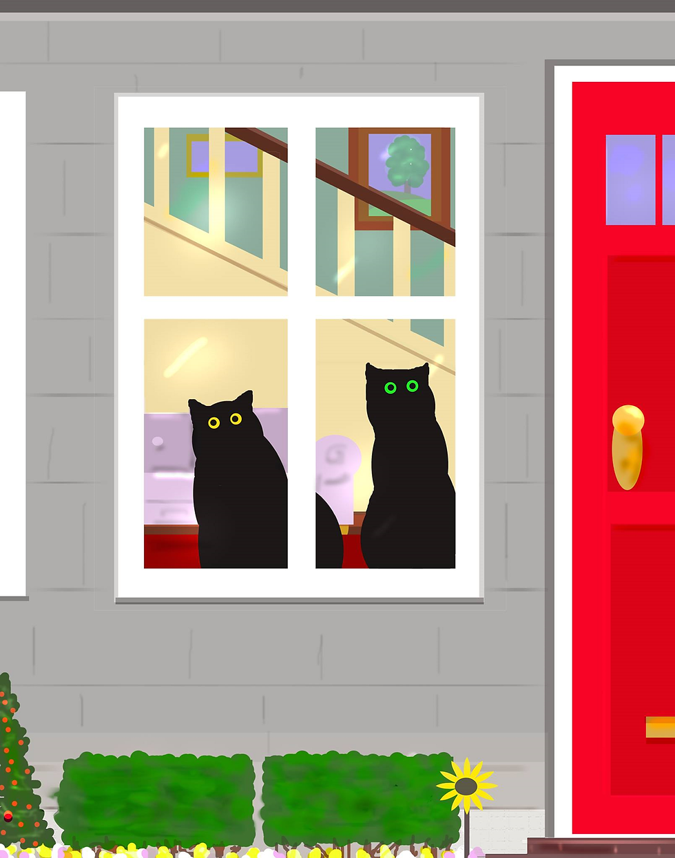 Two black cats with yellow and green eyes sitting in a window, looking outside beside a bright red front door.