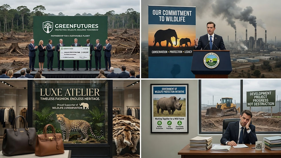 Collage of wildlife conservation and anti-development scenes: officials, posters, smoke, deforestation, and luxury fashion.