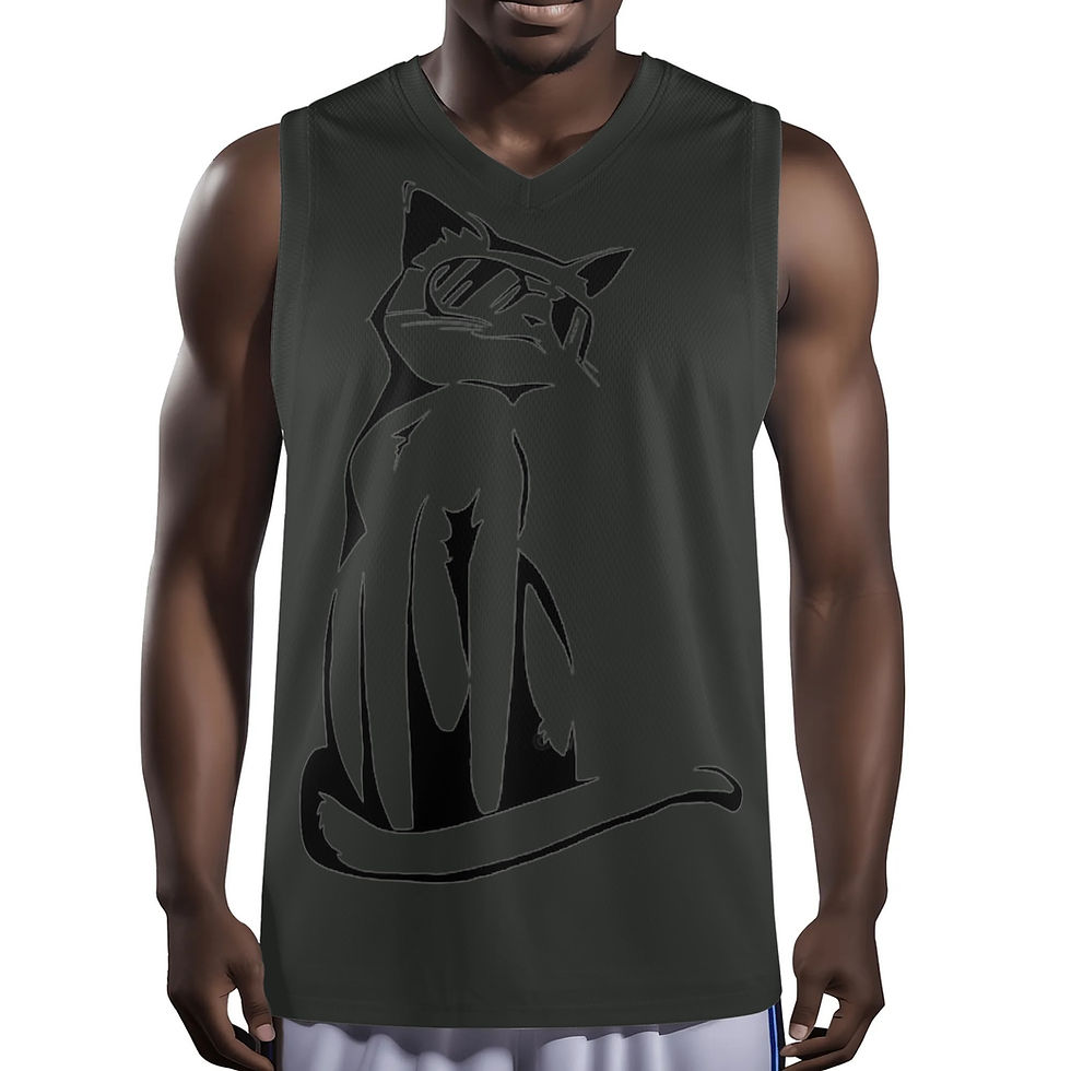 Charcoal: Men’s basketball jersey tank top in Charcoal with cat graphic