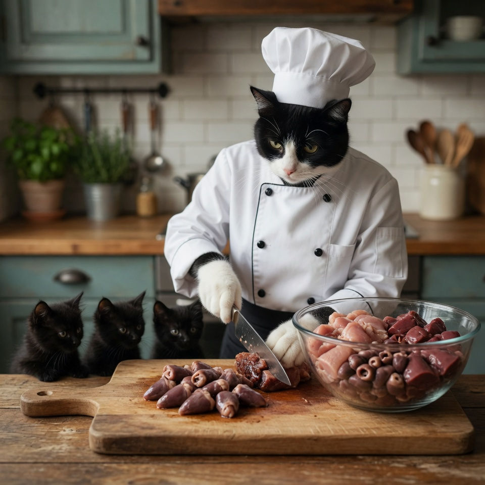 Chef cat in a cozy kitchen chops raw meat on a cutting board while three black kittens watch nearby
