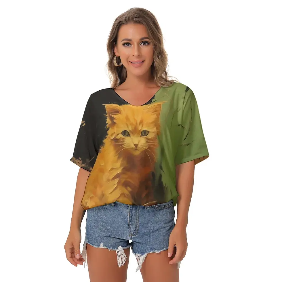 Thumbnail: Women's Kitten-Themed Bat Sleeves V-Neck Blouse