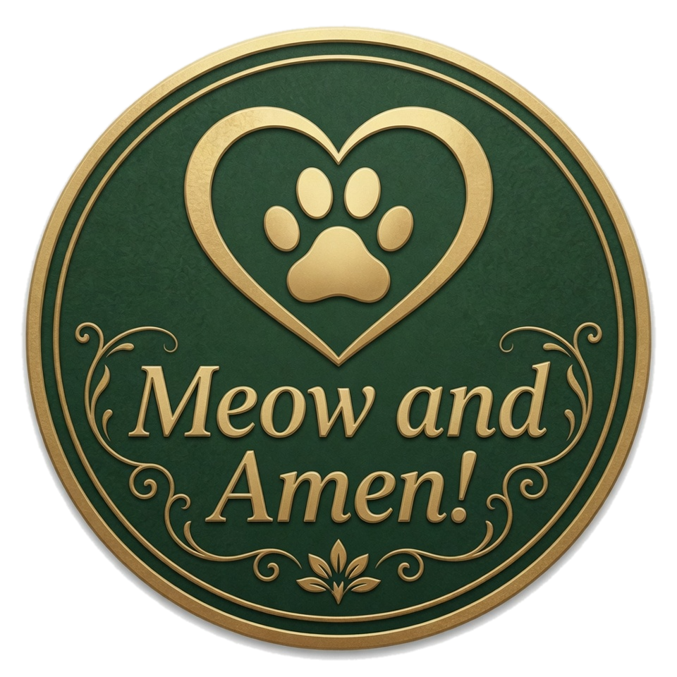 Green-and-gold circular emblem with a heart-shaped paw print and the words Meow and Amen!