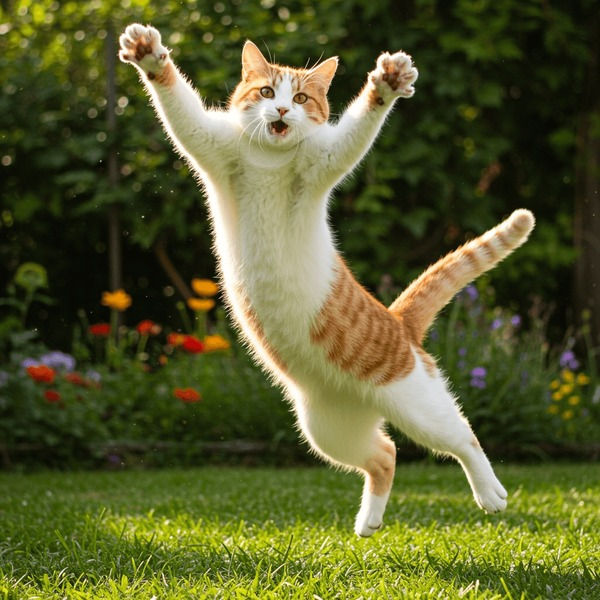 Orange-and-white cat leaps with paws raised in a sunny garden, looking playful and excited.