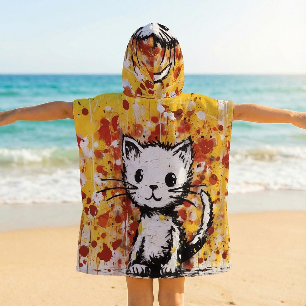Thumbnail: Cutie Cat Print Kid's Hooded Towel Poncho