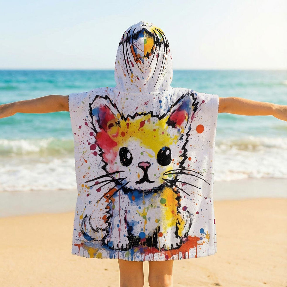 Thumbnail: Cutie Cat Print Kid's Hooded Towel Poncho