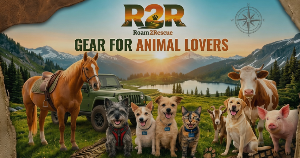 Roam2Rescue ad with horses, dogs, cat, goat, cow and pig by a jeep in alpine sunset, text Gear for Animal Lovers