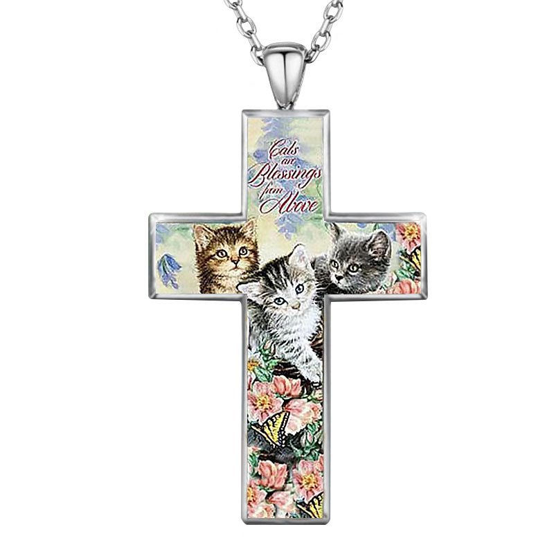 Cats are God's Blessings from Above Christian Cross Pendant Necklace