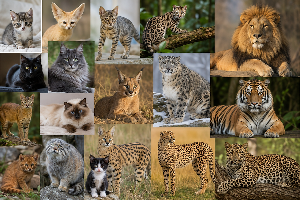A collage of wild cat species ranging from majestic lions and tigers to small wildcats, showcasing the fascinating diversity of felines
