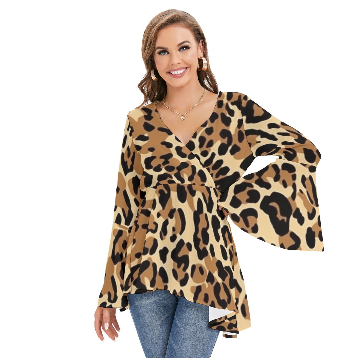 Women's Leopard Print V-neck Blouse With Flared Sleeves