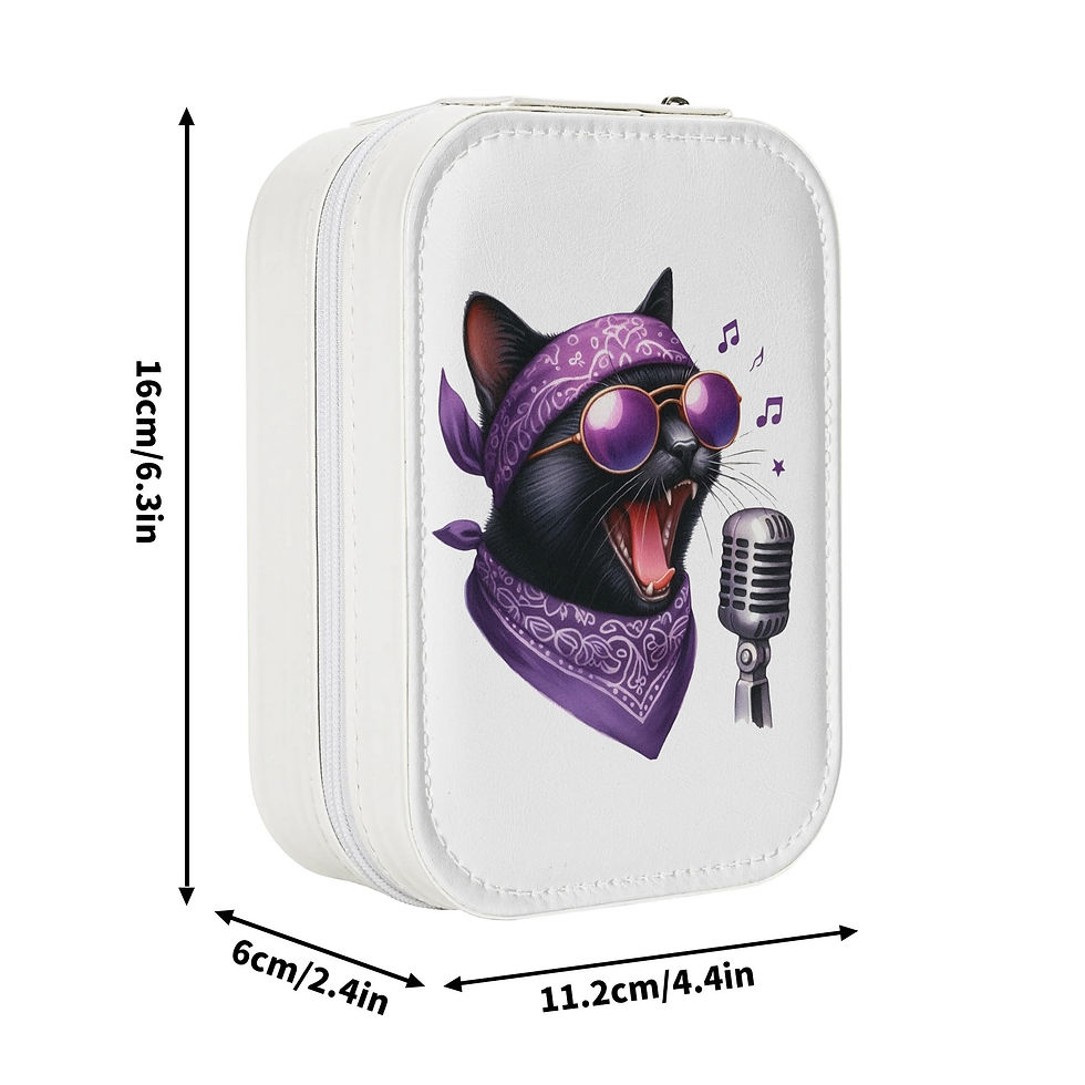 Thumbnail: Black cat singing into an old microphone. It's wearing a purple headband, scarf, and sunglasses. Measurements.