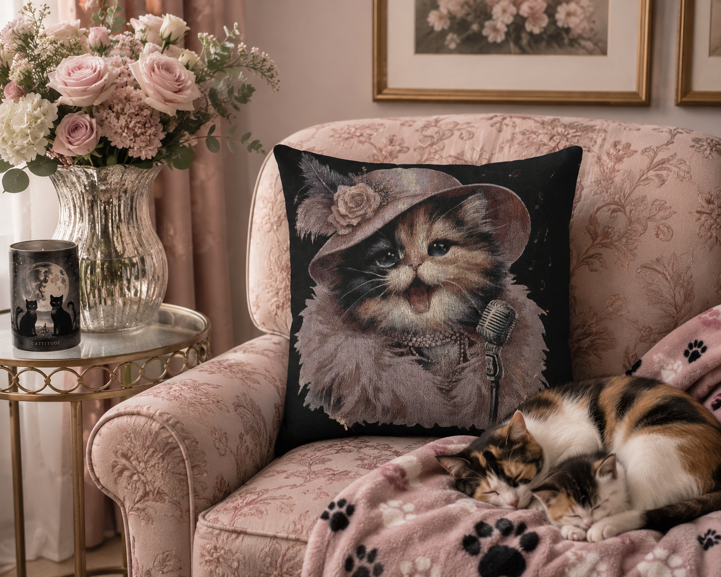 Baby Cali Cat-Themed Handwoven Vintage-Style Decorative Woven Cushion