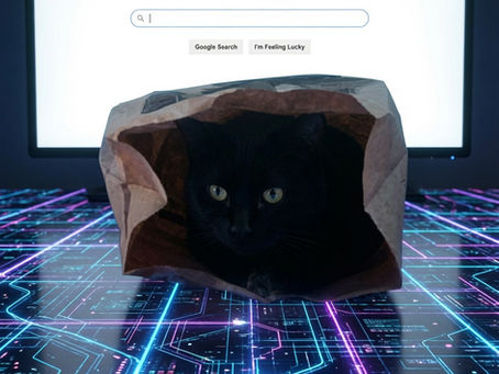 Black cat peeks from a paper bag in front of a computer showing the Google search page on a neon circuit background.