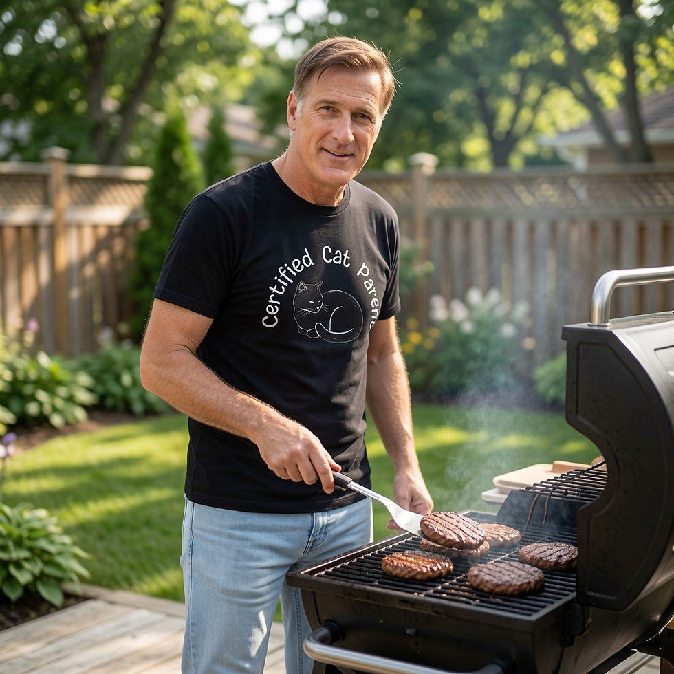 Man wearing a "Certified Cat Parent" t-shirt grilling burgers in his backyard.