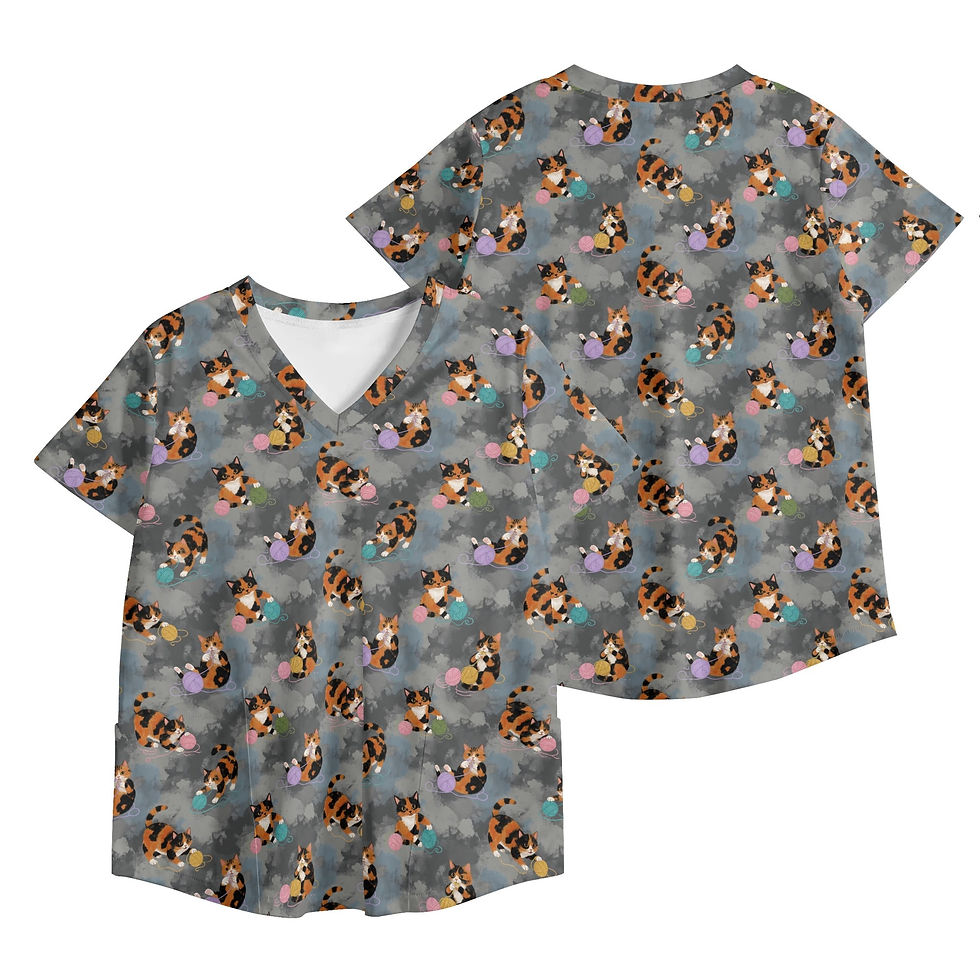 Thumbnail: Women's Cat with Yarn V Neck Workwear Scrub Top