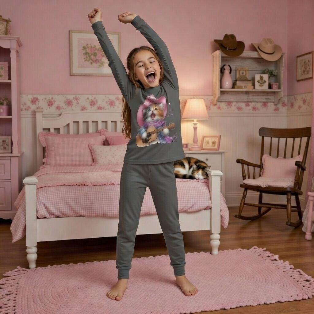 Young girl stretching in her grey cat-themed pajamas