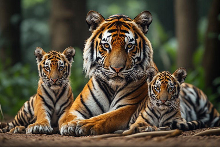 Bengal tiger mother resting with two cubs in a forest habitat, highlighting stripes and conservation theme