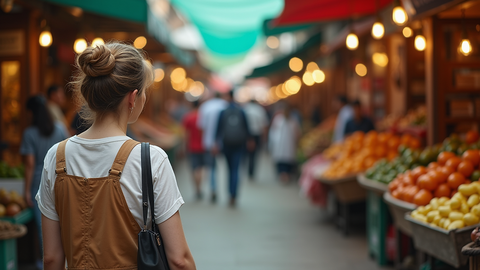 Wide angle view of a bustling market showcasing ethical businesses