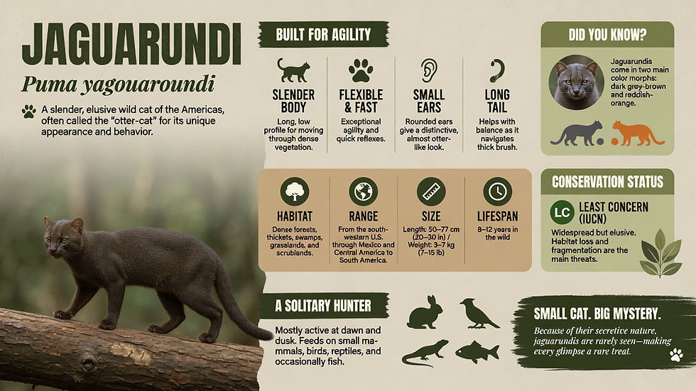 Jaguarundi infographic with dark wild cat on a log, showing agility, habitat, range, and least concern conservation panels.