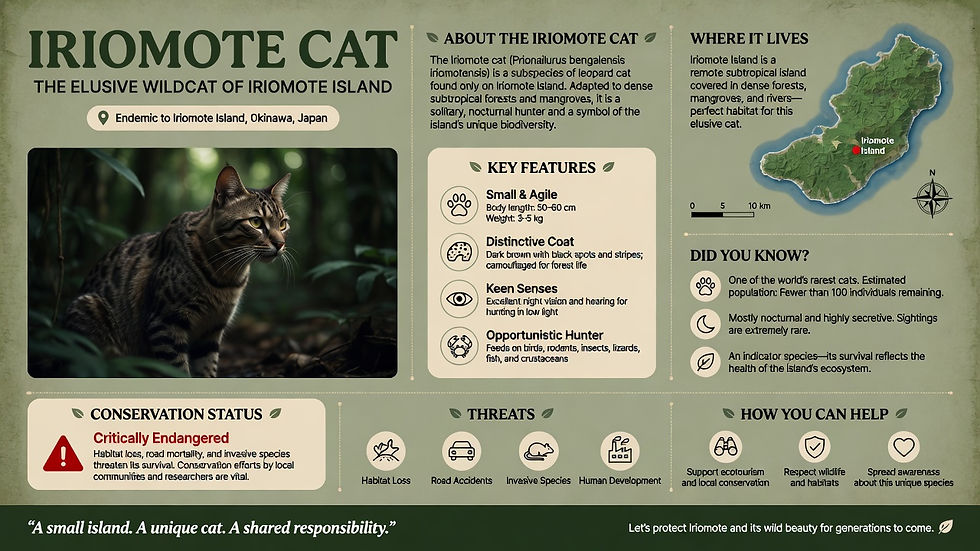 Infographic of an Iriomote cat in forest, with habitat map, features, threats, and conservation notes; endangered and rare.
