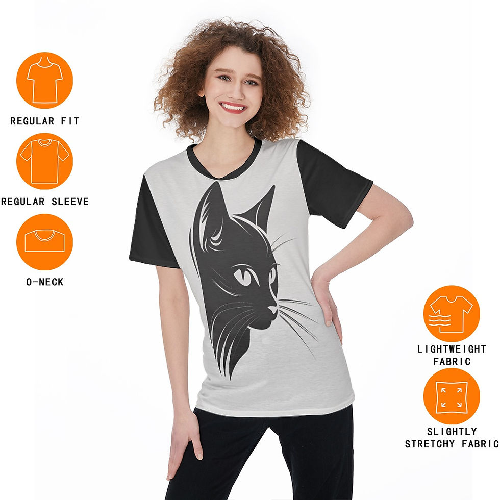 Thumbnail: White jersey t-shirt with black short sleeves and collar. It has a elegant digital image of a black cat's face and head.