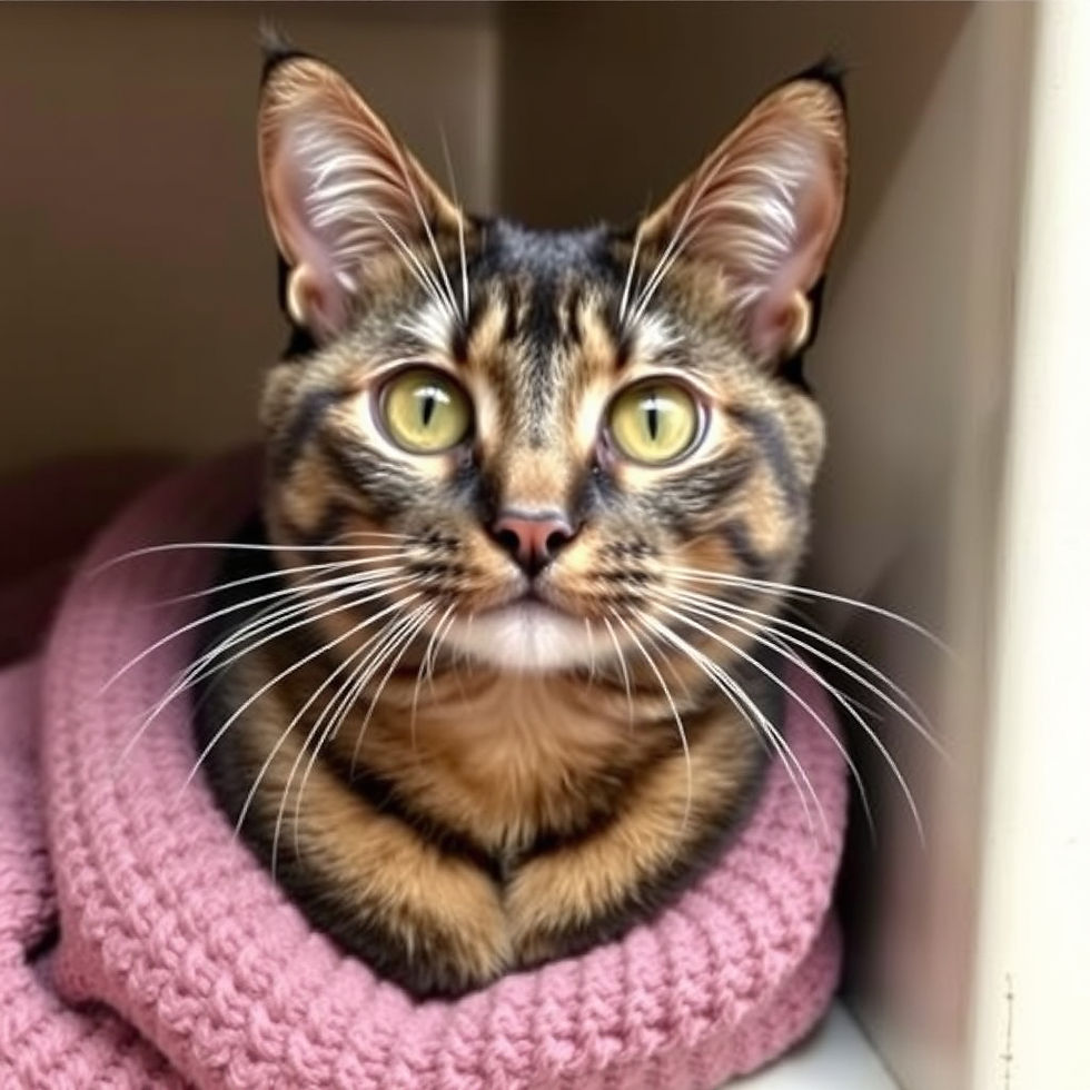 Close-up of a tabby cat in a pink knitted sweater, staring alertly from a box indoors.
