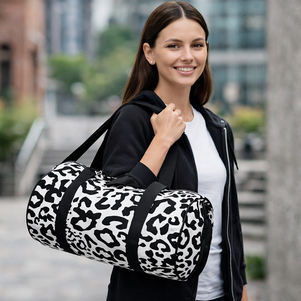 snow leopard printed duffel bag carried by a woman model