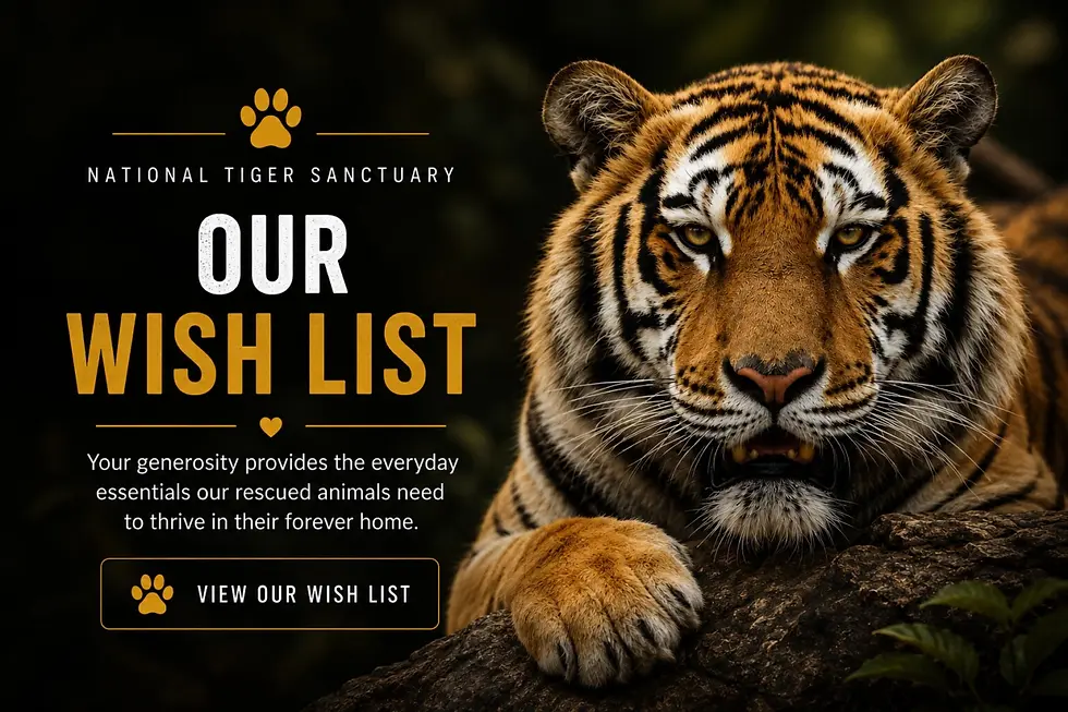 Tiger fundraiser poster for National Tiger Sanctuary: Our Wish List, with tiger on a log and View Our Wish List button.