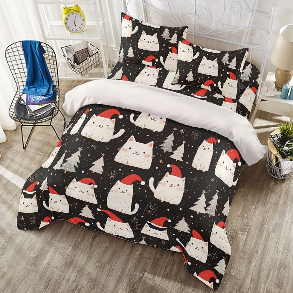 Queen bed view of multiple white cats wearing red santa hats.