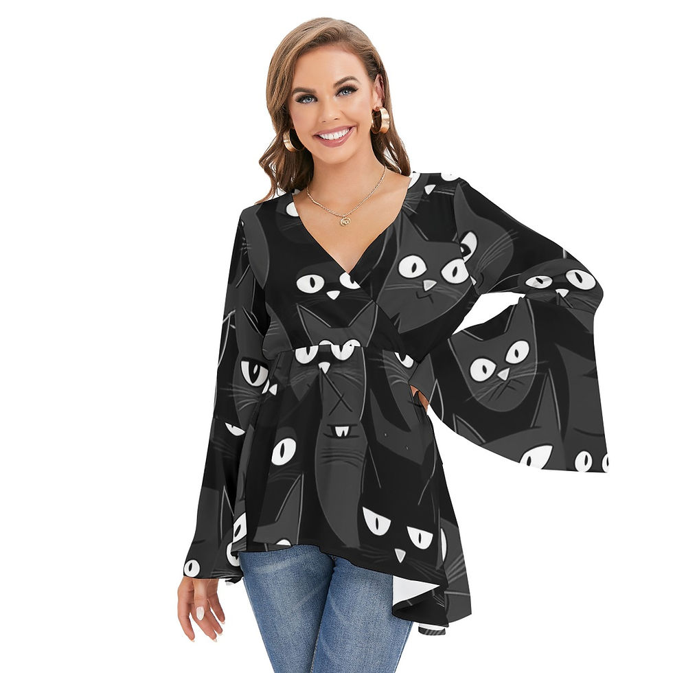 Thumbnail: Women's Catty Print V-neck Blouse with Flared Sleeves