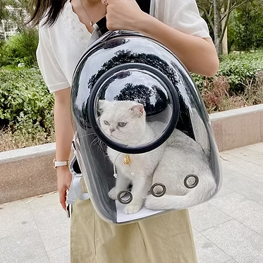 A see-through capsule-style pet carrier backpack with a white cat inside.