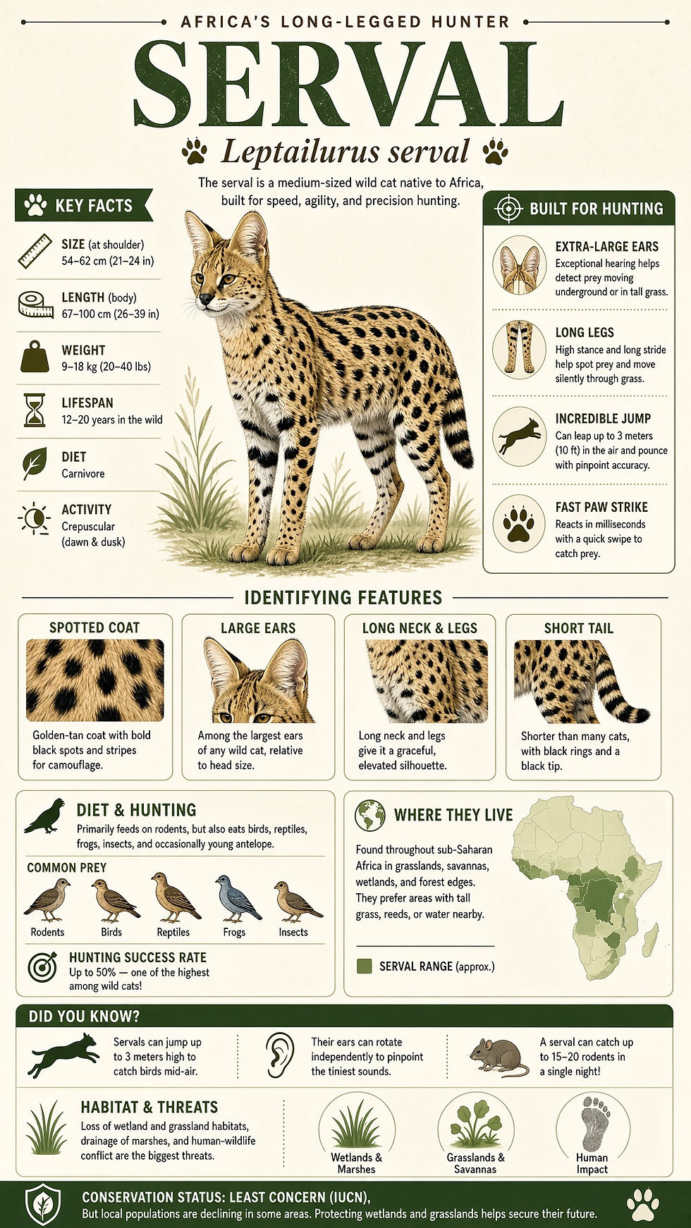 Infographic of a spotted serval cat in grass, with facts on hunting traits, habitat, diet, and a green Africa map.