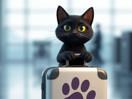 3D image of a black cat with his paw-printed suitcase at an airport.