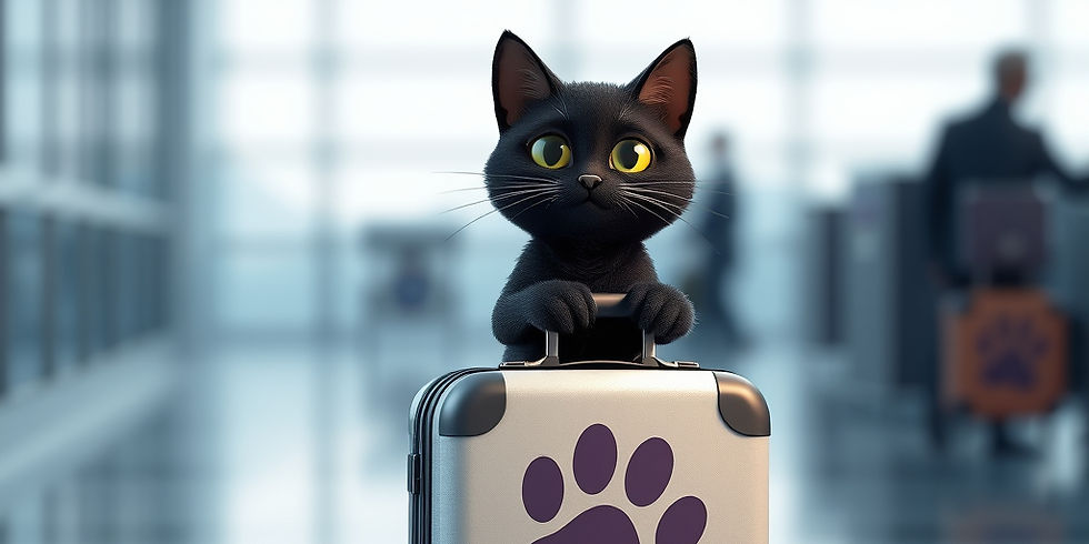 3D image of a black cat standing behind his paw-printed suitcase in an airport.
