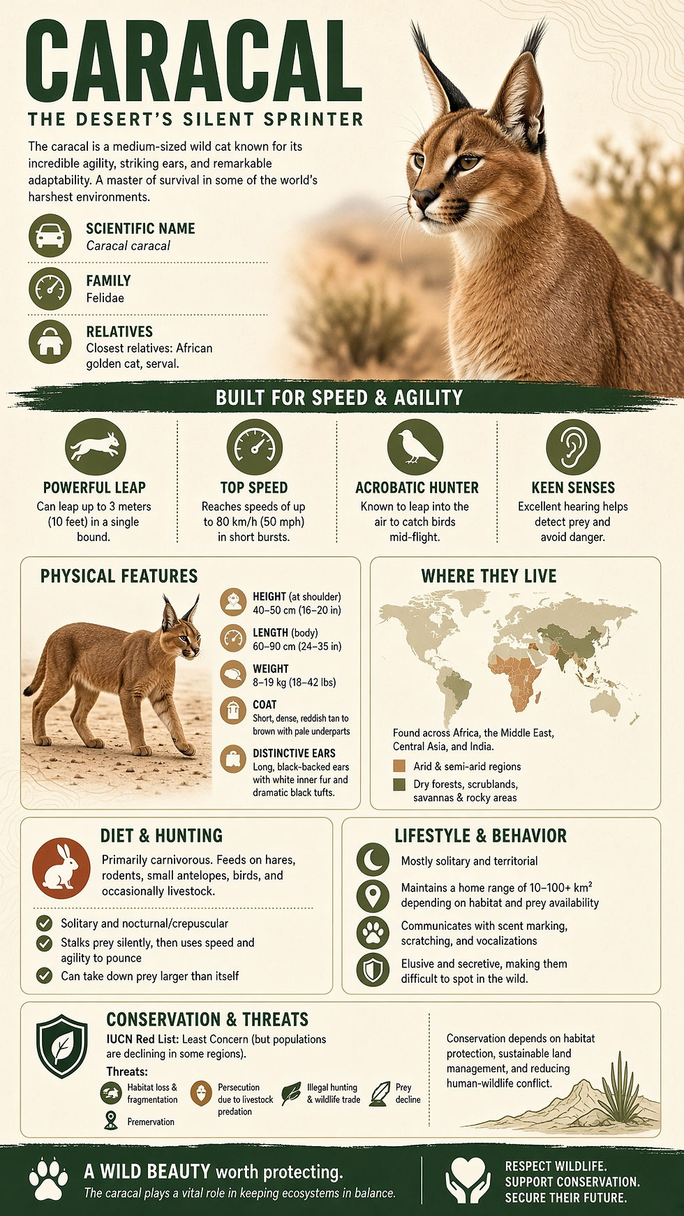 Caracal infographic with a wild cat portrait, desert background, and text on speed, habitat, diet, and conservation.