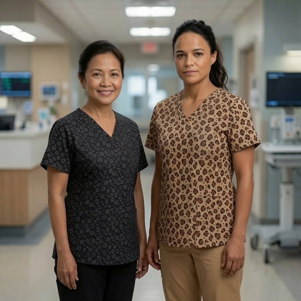Women's Leopard Printed V Neck Workwear Scrub Top