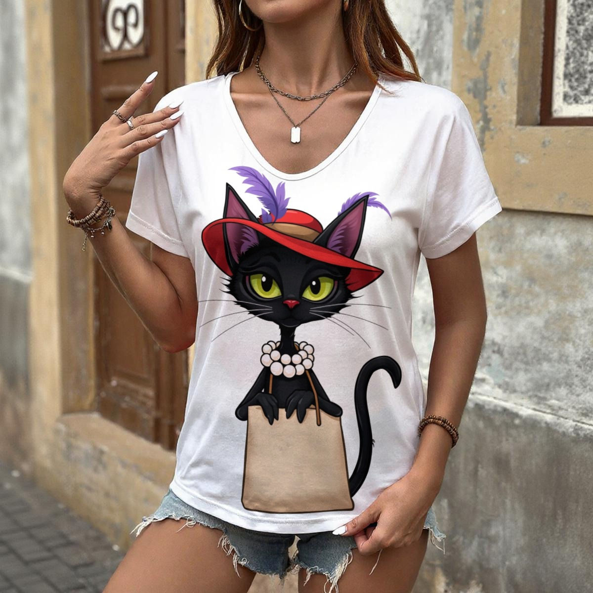 Black Cat Shopper Women's V-neck T-Shirt