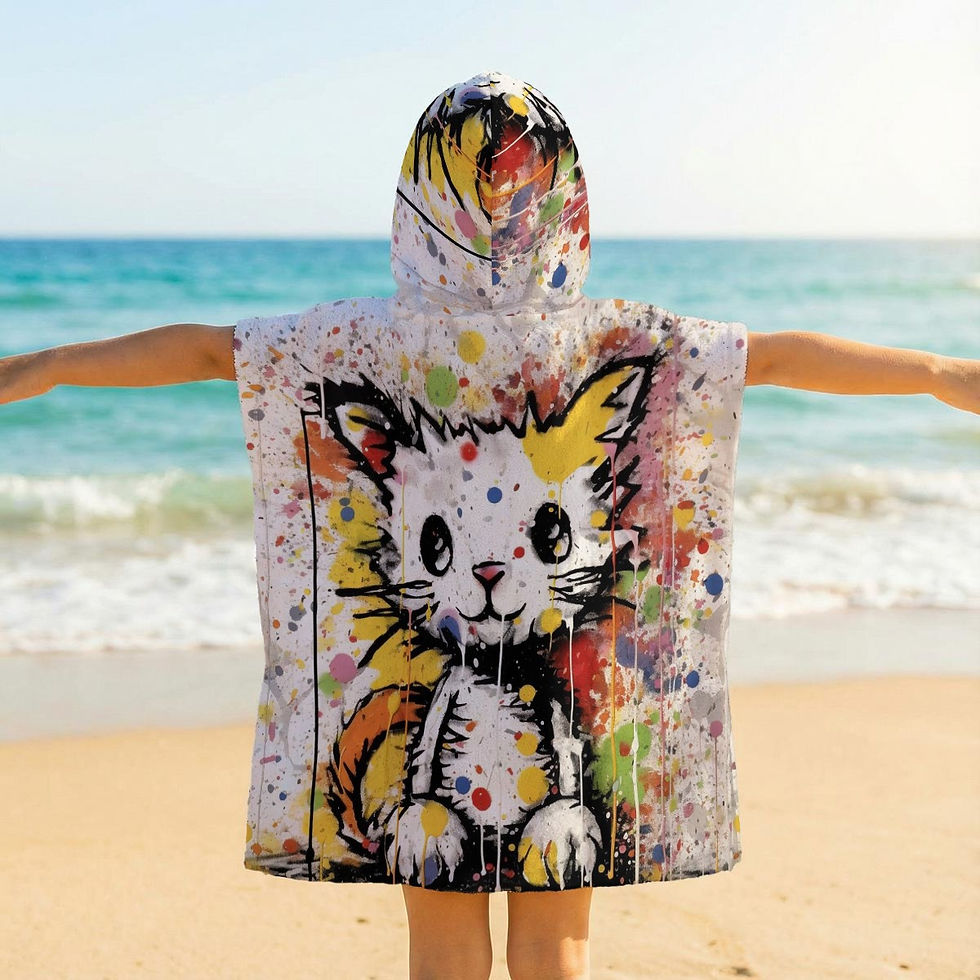 Thumbnail: Cutie Cat Print Kid's Hooded Towel Poncho