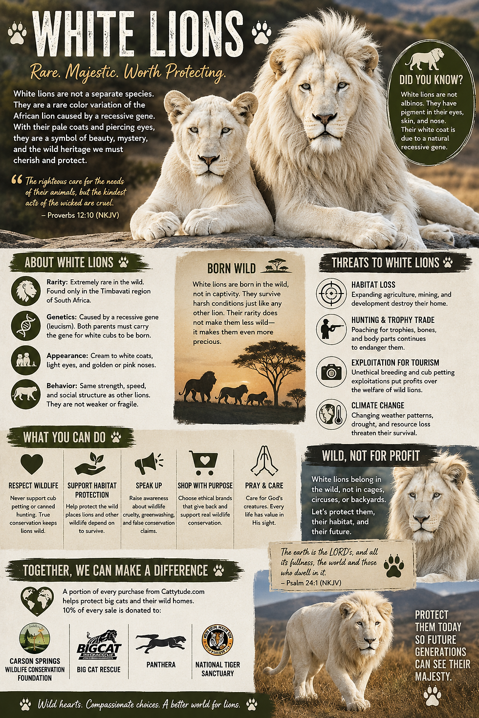 Infographic of a white lion and cub in a savanna, with facts about white lions, threats, and conservation tips.