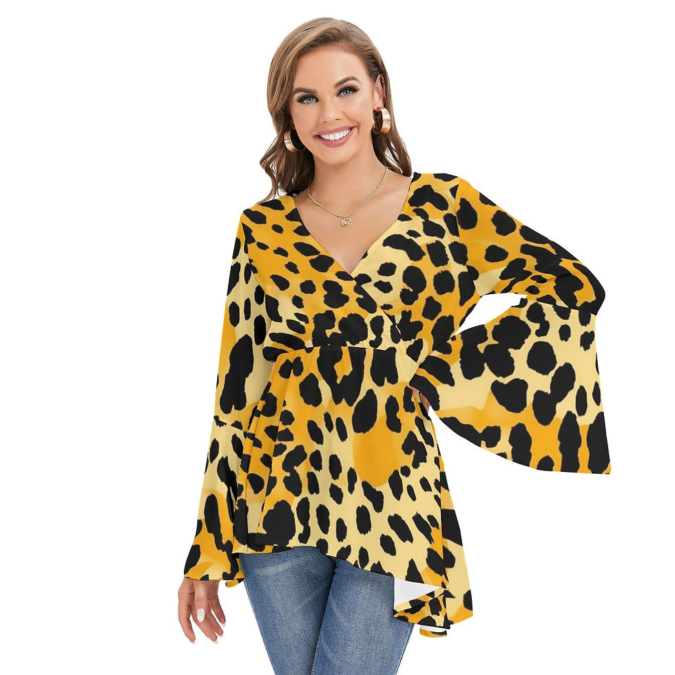 Thumbnail: Women's Leopard Print V-neck Blouse With Flared Sleeves