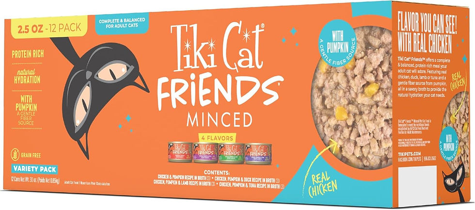 Orange Tiki Cat Friends minced variety pack box with cat face graphic, pumpkin and real chicken labels, cans pictured.