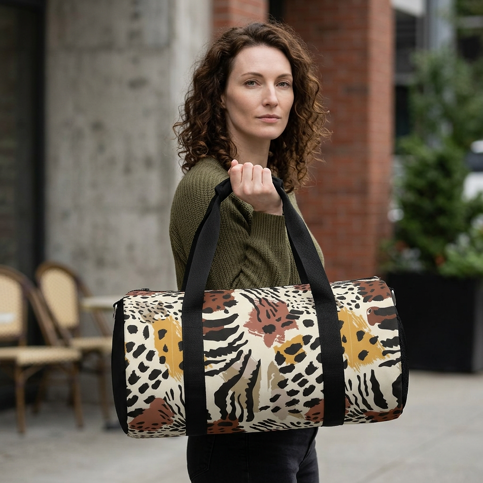 flamboyant leopard printed duffel bag carried by a woman model