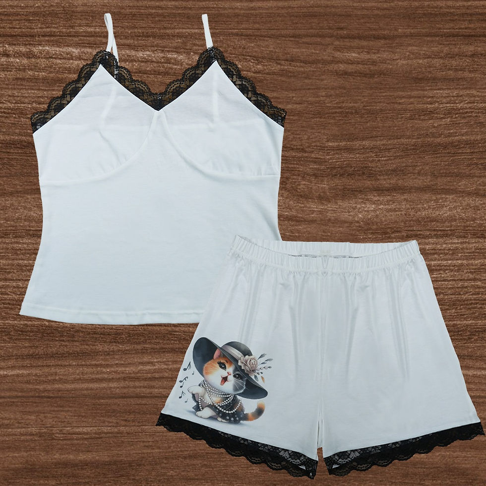 Thumbnail: Flat layout of a white camisole with black lace set with shorts. Lady Cattytude is printed on the shorts.